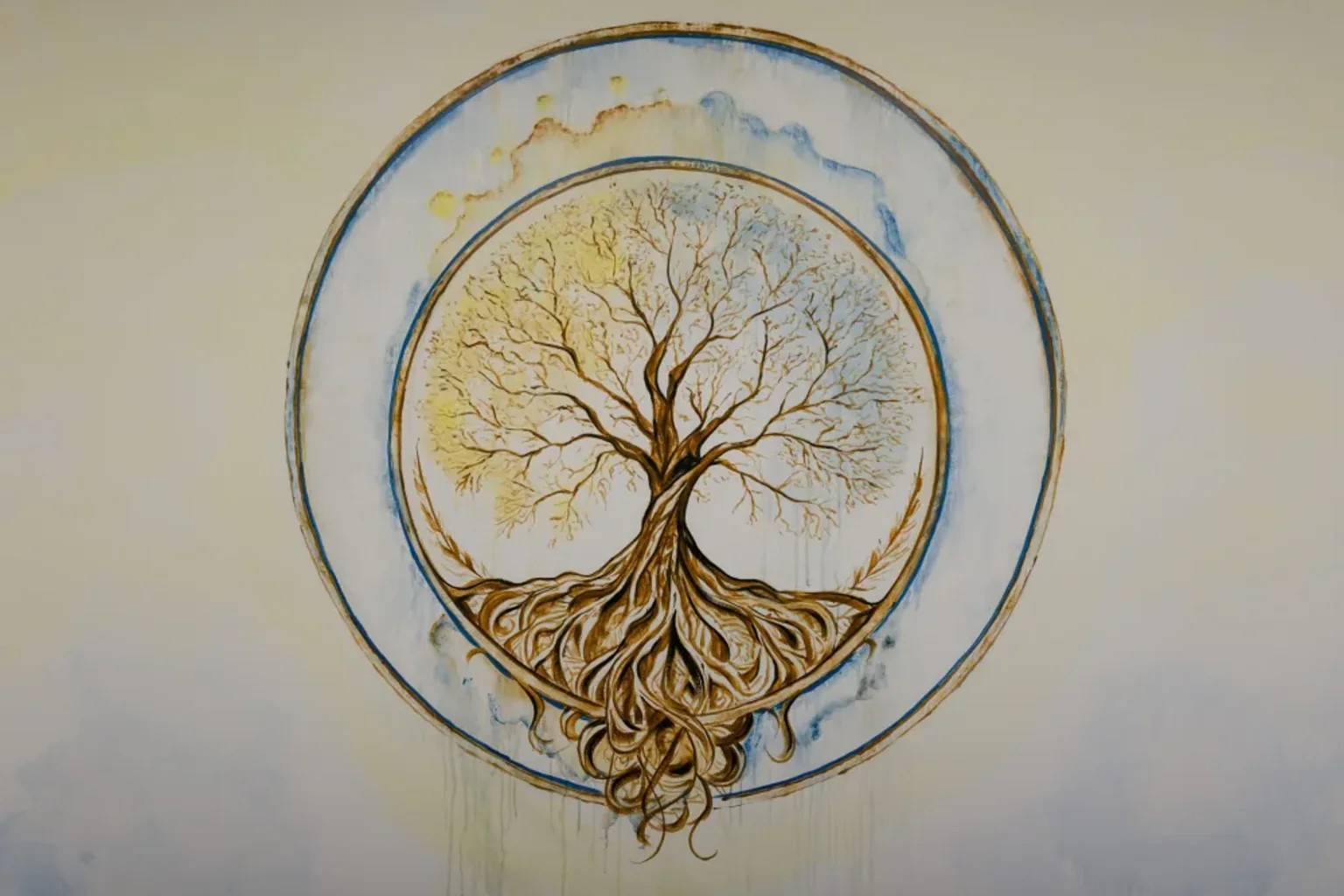 Circular tree mural painted on a light-colored wall.