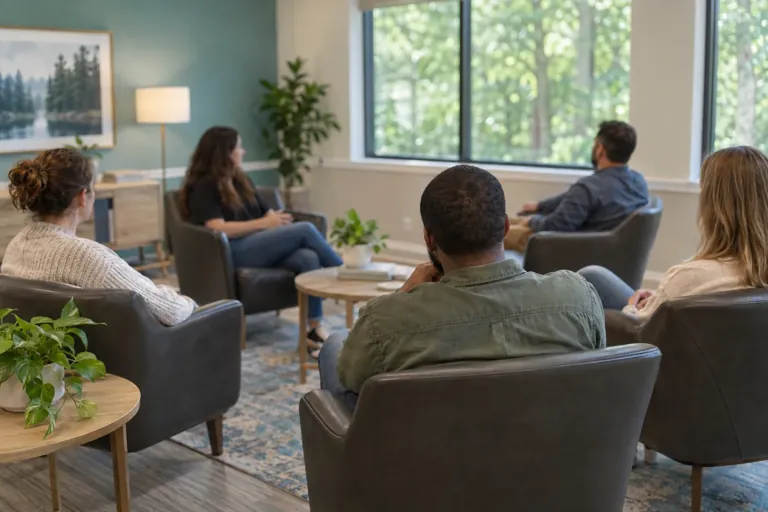 Illustrative community scene for Anxiety and Substance Use Support Illustrative community scene for Anxiety and Substance Use Support