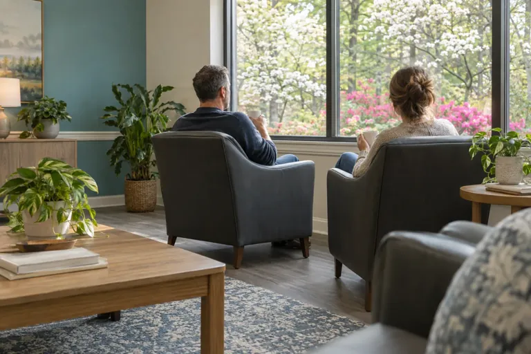 Illustrative community scene for PTSD and Substance Use Support Illustrative community scene for PTSD and Substance Use Support
