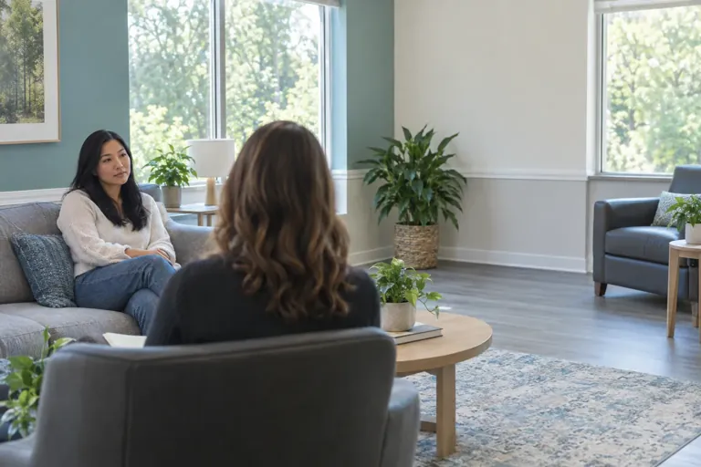 Illustrative community scene for Intensive Outpatient Program (IOP) Support When Co-Occurring Mental Health and Substance Use Is Present