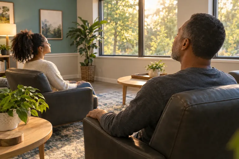 Illustrative community scene for Evening Intensive Outpatient Program (IOP) Addiction Treatment Illustrative community scene for Evening Intensive Outpatient Program (IOP) Addiction Treatment