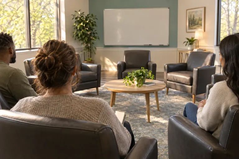 Illustrative community scene for Depression and Substance Use Support