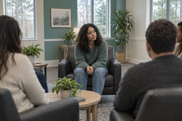 Illustrative community scene for PTSD and Substance Use Support