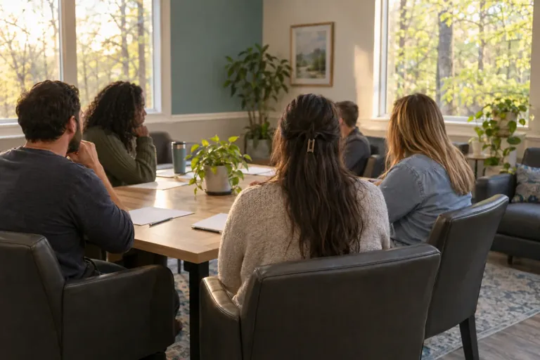 Illustrative community scene for Evening Intensive Outpatient Program (IOP) Addiction Treatment Illustrative community scene for Evening Intensive Outpatient Program (IOP) Addiction Treatment