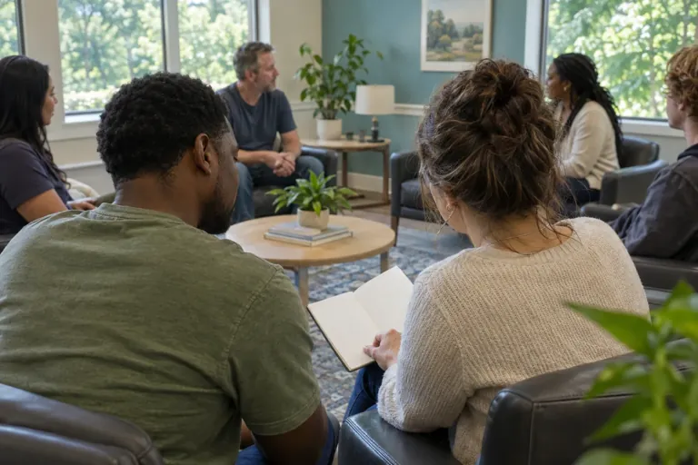 Illustrative community scene for PTSD and Substance Use Support Illustrative community scene for PTSD and Substance Use Support