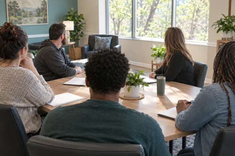 Illustrative community scene for Intensive Outpatient Program (IOP) Addiction Treatment Illustrative community scene for Intensive Outpatient Program (IOP) Addiction Treatment