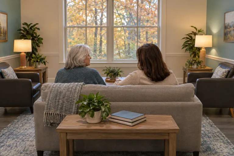 Illustrative community scene for Depression and Substance Use Support Illustrative community scene for Depression and Substance Use Support