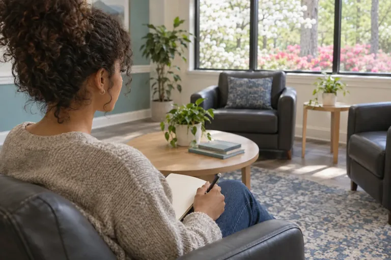 Illustrative community scene for OCD and Substance Use Support Illustrative community scene for OCD and Substance Use Support