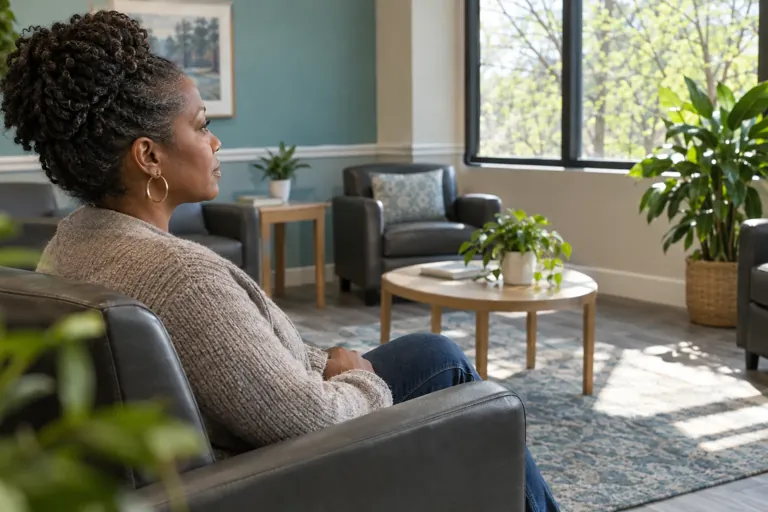 Illustrative community scene for PTSD and Substance Use Support Illustrative community scene for PTSD and Substance Use Support